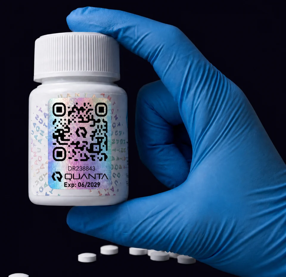 Quanta Pharmaceutical product with QR verification code and batch number