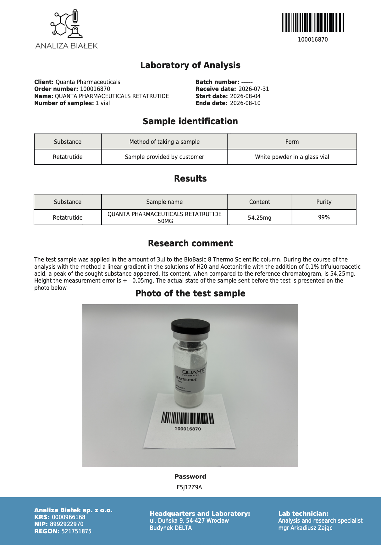 Quanta Pharma Retatrutide 50mg + Free BW - Image 2